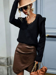 Lace Trim V-Neck Ribbed Trim Sweater Ins Street