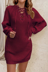 Lace-Up Balloon Sleeve Sweater Dress Ins Street