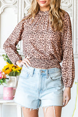 Leopard Smocked Mock Neck Blouse Ins Street