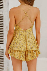 Floral Print Women Romper Backless Cross Lace Up Summer Romper Spaghetti Strap Ins street