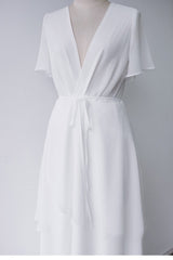 Short Sleeve Floor-Length V-Neck Patchwork Plain White Dress Ins street