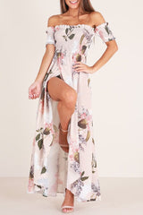 Short Sleeve Floor-Length Off Shoulder Pleated Expansion Women's Dress Ins street