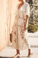 Half Sleeve V-Neck Patchwork Mid-Calf Plain Women's Dress Ins street