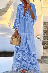 V-Neck Patchwork Floor-Length Nine Points Sleeve Summer Women's Dress Ins street