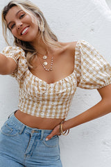 Yellow Daisy Print Plaid Puff Sleeve Crop Top Ins street