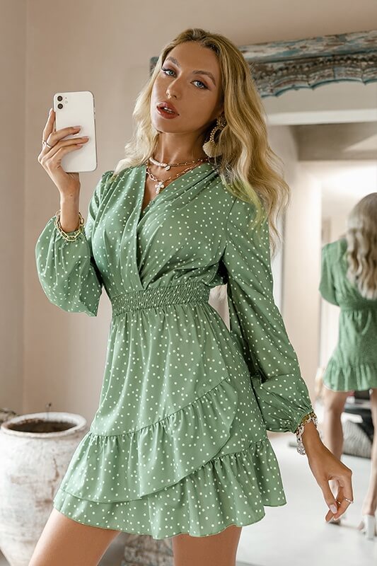 Simplee Long Sleeve V-Neck Polka Dot Print Dress Ins street