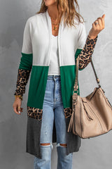 Leopard Color Block Open Front Longline Cardigan Ins Street
