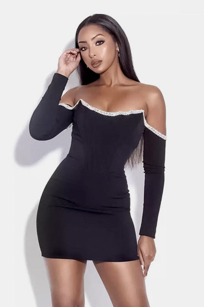 Off-Shoulder Long Sleeve Mini Dress with Rhinestone Detail – InsStreet