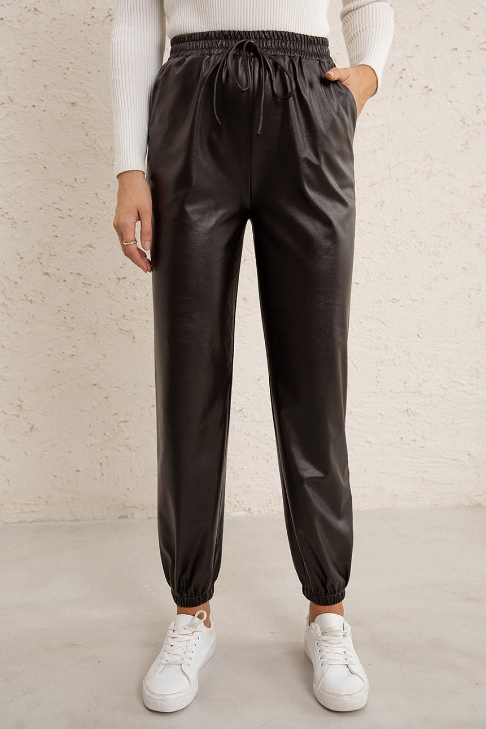 Elastic Waist PU Leather Joggers Ins Street