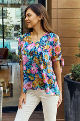 Petal Dew Full Size Floral V-Neck Tie Detail Blouse Ins Street