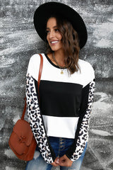 Leopard Print Color Block Long Sleeve Tee Ins Street