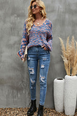 Multicolored Balloon Sleeve V-Neck Sweater Ins Street
