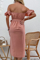 Off-Shoulder Ruffle Belted Button-Front Dress Ins Street