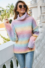 Multicolored Rib-Knit Turtleneck Sweater Ins Street