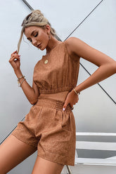 Brown Sleeveless Crop Top & Shorts Two-Piece Set Ins street