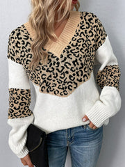 Leopard Color Block V-Neck Ribbed Trim Sweater Ins Street