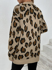 Leopard Print Ribbed Trim Dropped Shoulder Longline Cardigan Ins Street