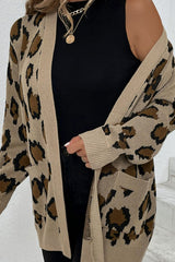 Leopard Print Ribbed Trim Dropped Shoulder Longline Cardigan Ins Street