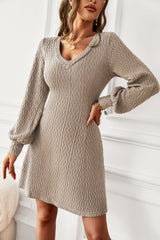Lantern Sleeve V-Neck Textured Knit Dress Ins Street