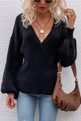 Lantern Sleeve Surplice Knit Sweater Ins Street