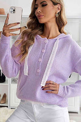 Lace Drawstrings Button-down Knitted Hoodie Ins Street