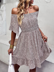 Leopard Print Off-Shoulder Frill Trim Mini Dress Ins Street