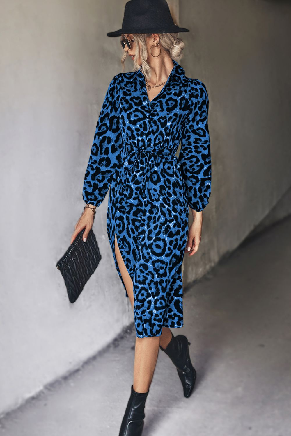 Leopard Print Belted Slit Shirt Dress Ins Street