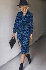 Leopard Print Belted Slit Shirt Dress Ins Street