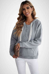 Lace Drawstrings Button-down Knitted Hoodie Ins Street