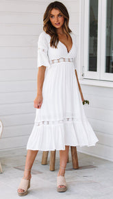 V-Neck Cotton Lace Midi Dress Ins street
