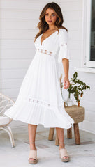 V-Neck Cotton Lace Midi Dress Ins street