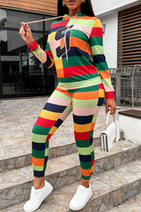 Multicolored Patchwork Drawstring Detail Hoodie and Joggers Set Ins Street