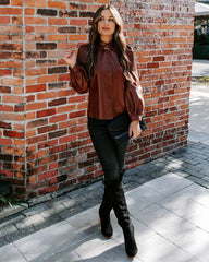 Akira Button Down Faux Leather Top - Brown FATE-001