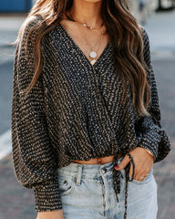 Grandview Printed Drawstring Drape Blouse - Charcoal Ins Street