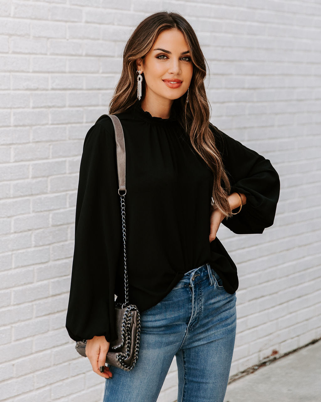 Zea Ruffle Mock Neck Blouse - Black Ins Street