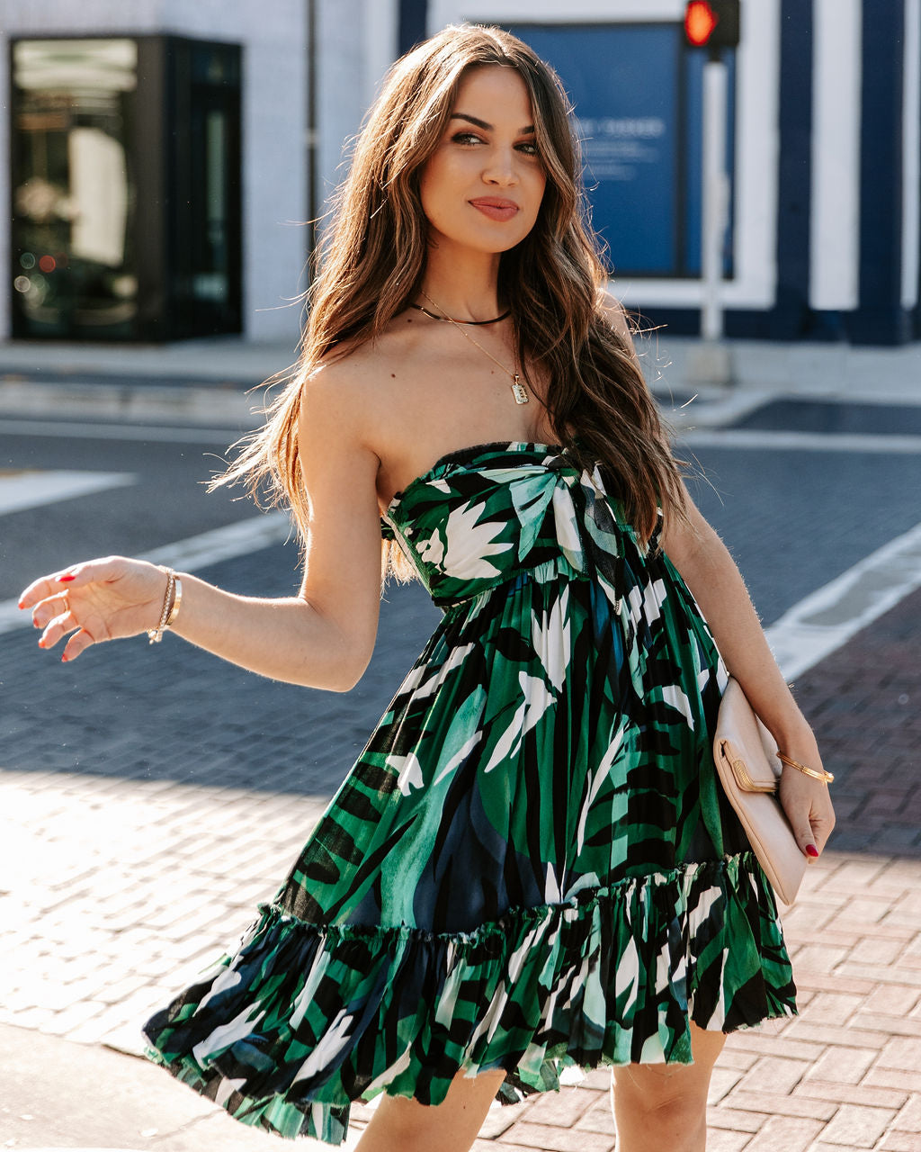 Hosta Leaf Strapless Tie Front Babydoll Dress Ins Street