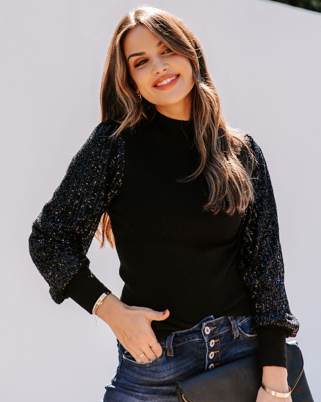 From A Dream Sequin Mock Neck Knit Top - Black Ins Street