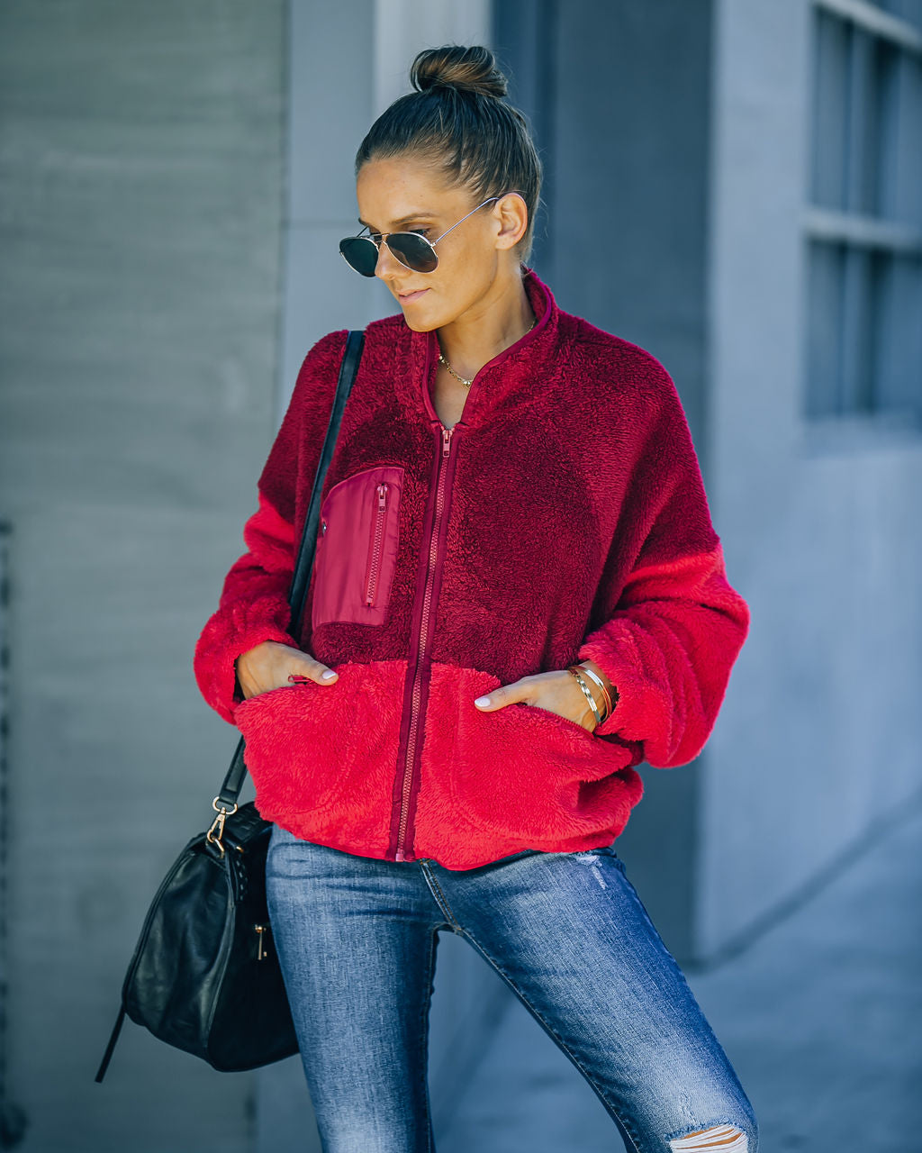 Nava Pocketed Colorblock Zip Up Jacket - Wine Ins Street