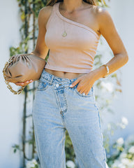 Lin Ribbed One Shoulder Crop Tank - Vintage Beige Ins Street