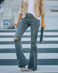 Road Trip Distressed Bell Bottom Denim Pants - Light Charcoal Ins Street