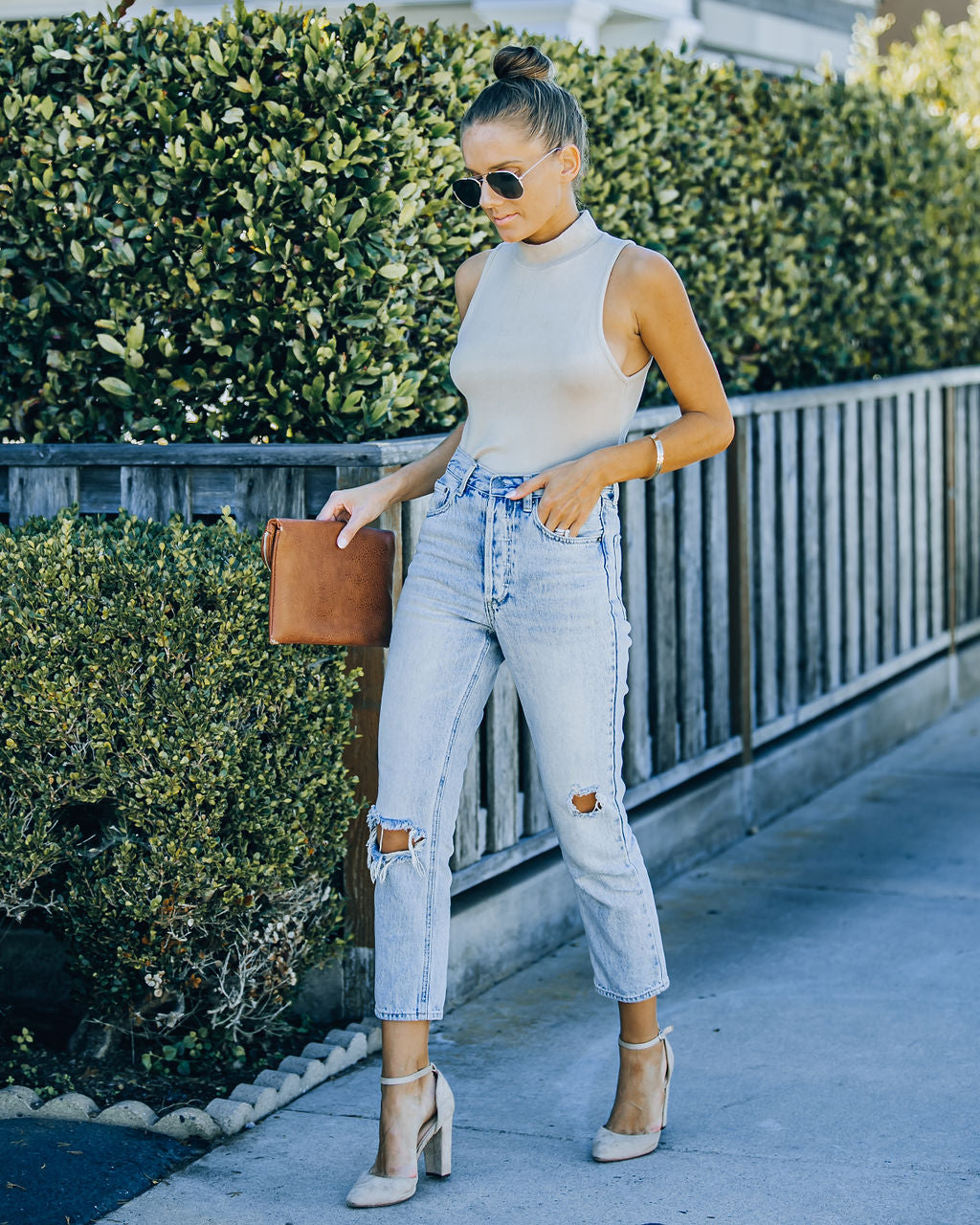 Nyra Sleeveless Mock Neck Knit Top - Beige Ins Street