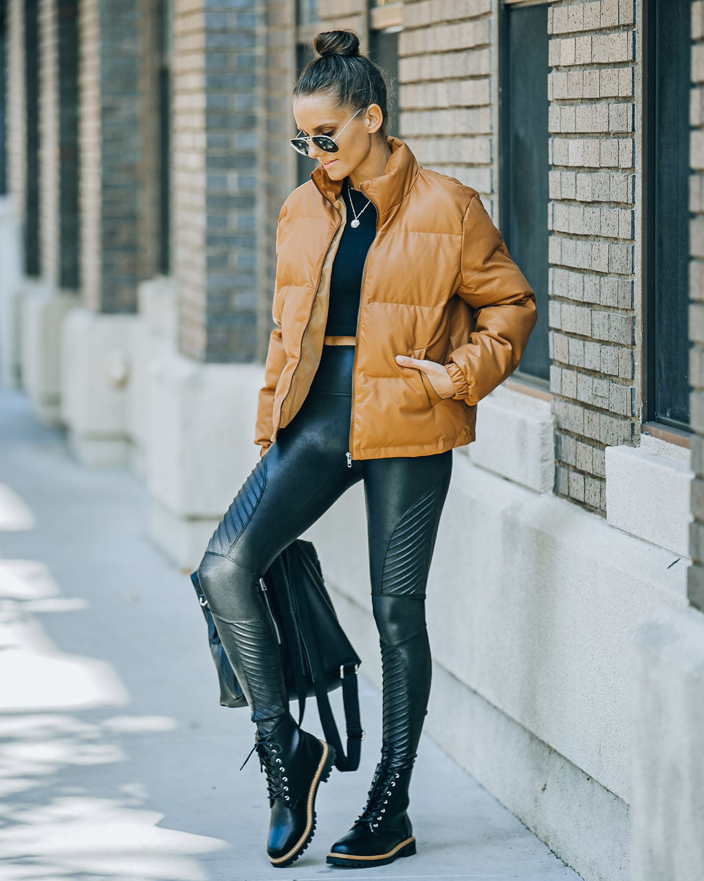Raza Pocketed Faux Leather Puffer Jacket - Camel Ins Street