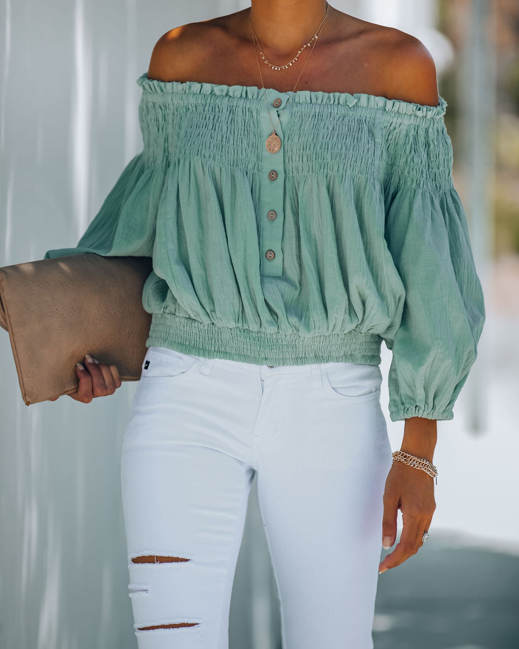 Fig Cotton Smocked Off The Shoulder Top - Sage Ins Street