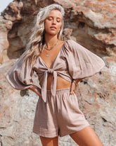 Johan Linen Blend Tie Front Crop Top - Mocha - FINAL SALE Ins Street