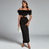 Strappy Feather Short Sleeve Maxi Exposed Waist Dress Ins Street