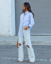 Menswear Cotton Blend Button Down Shirt - Light Blue Ins Street