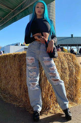 Never Letting Go Distressed Boyfriend Jeans - Light Blue Wash Ins Street