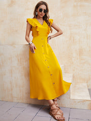Yellow V-Neck Swing Sleeveless Ladies Dress Ins street