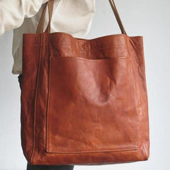 Women's soft leather with pocket retro oil wax leather large capacity tote bag Ins street