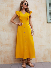 Yellow V-Neck Swing Sleeveless Ladies Dress Ins street